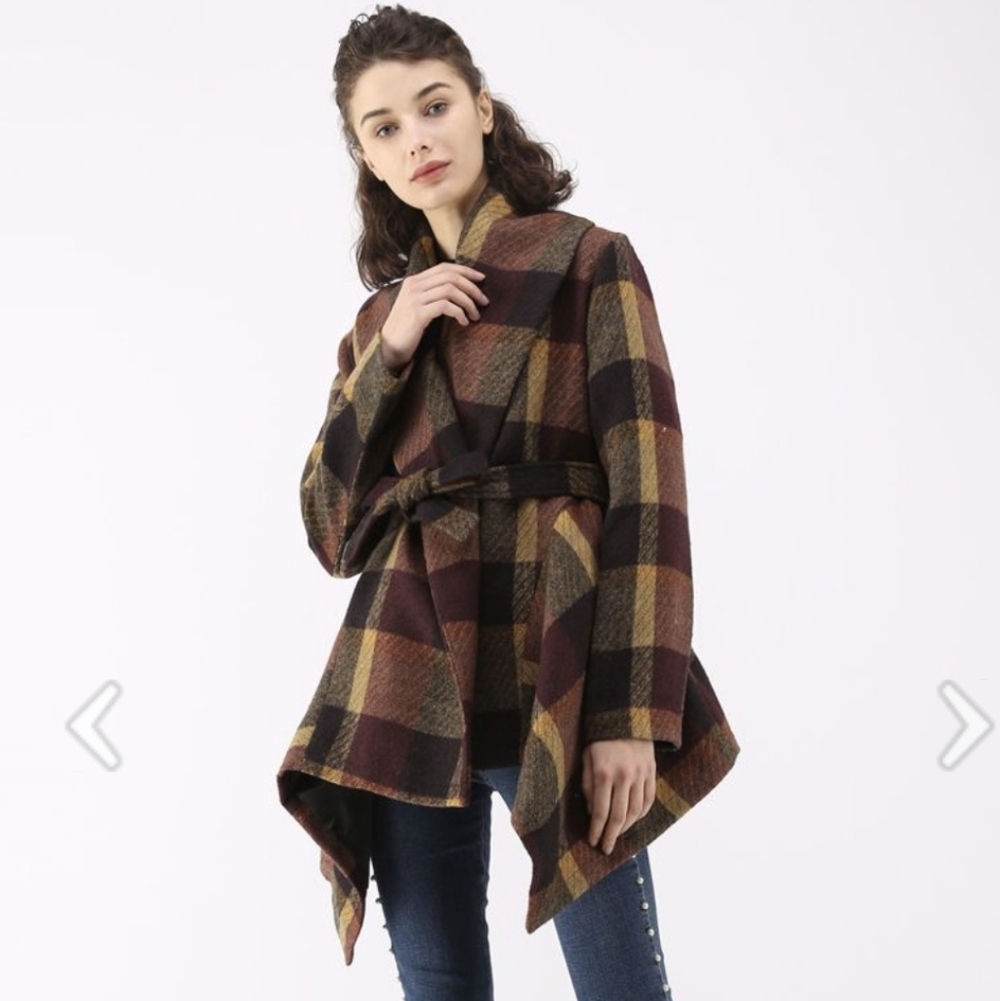 Chicwish Prairie Rabato Wrap Fall Coat Jacket Wool Burgundy/Mustard Yellow Plaid - Picture 7 of 14